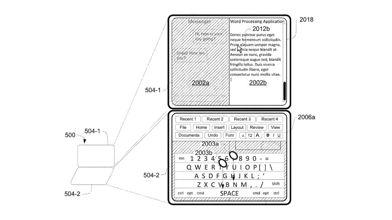 Diagram of a foldable smartphone with multiple screens showing a word processing application and a virtual keyboard.