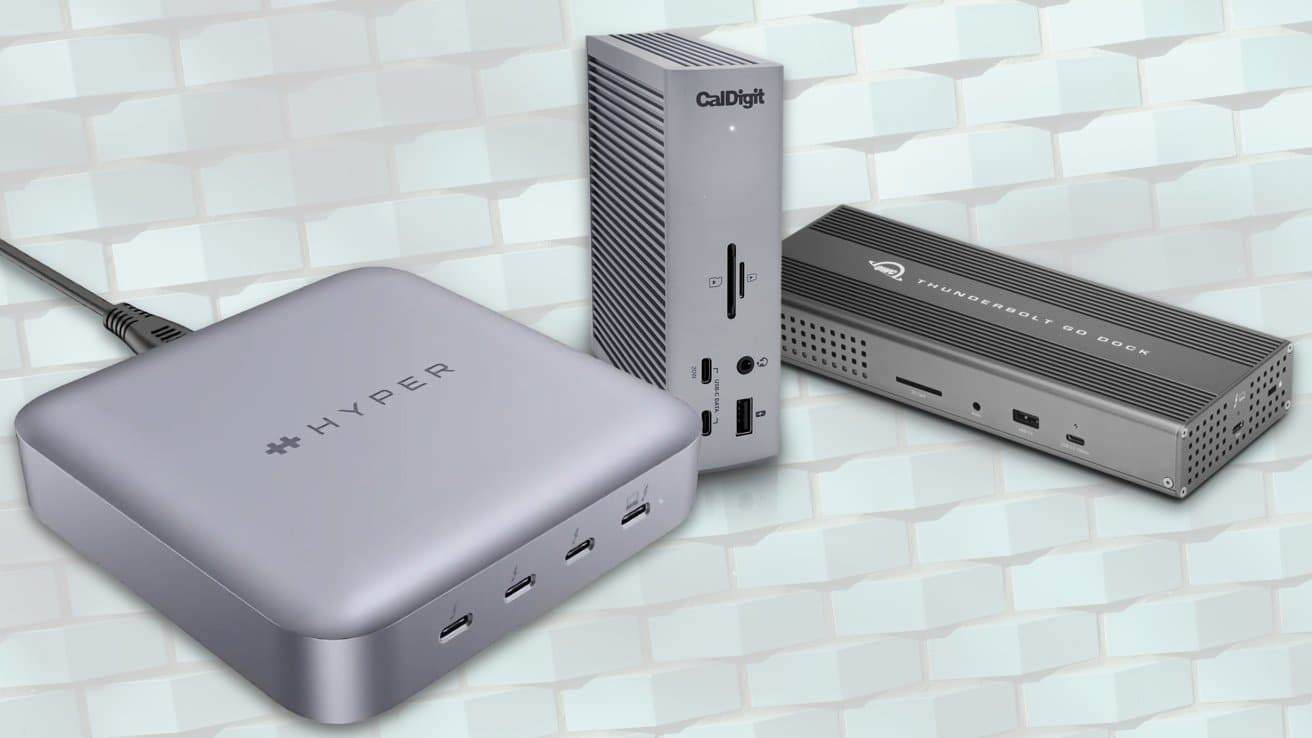 Three sleek computer docking stations labeled Hyper, CalDigit, and Thunderbolt Go Dock against a tiled background.