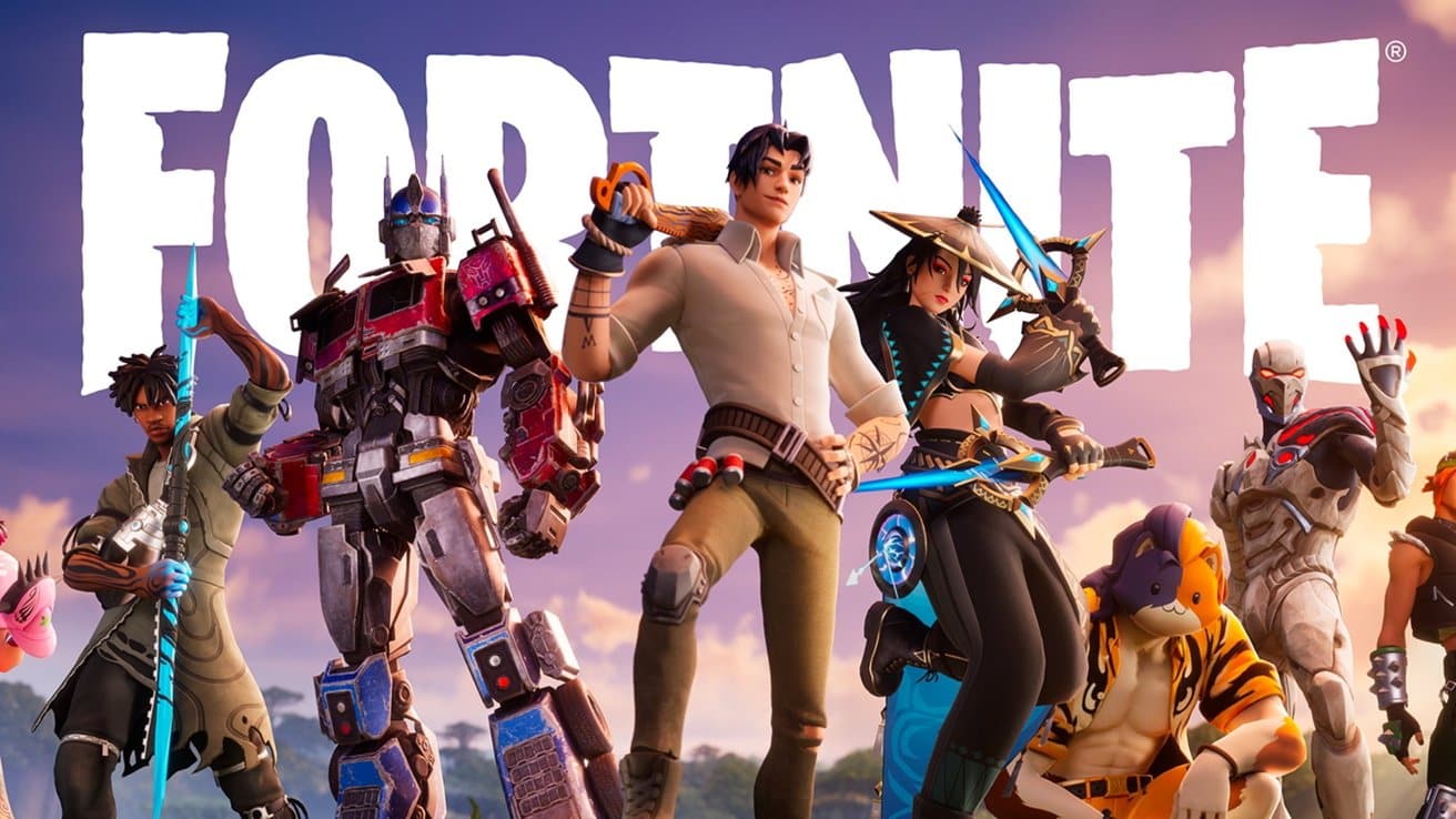 The Fortnite logo surrounded by game characters