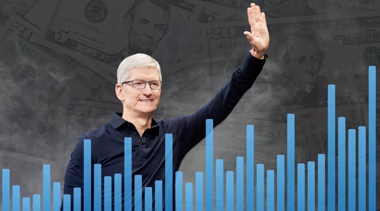 Man in a dark shirt waves with a financial growth chart and various U.S. dollar bills in the background.