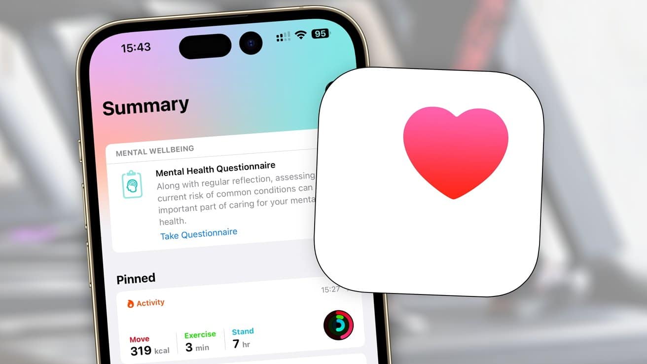 Smartphone screen showing mental health questionnaire prompt and activity summary; overlay with heart icon.