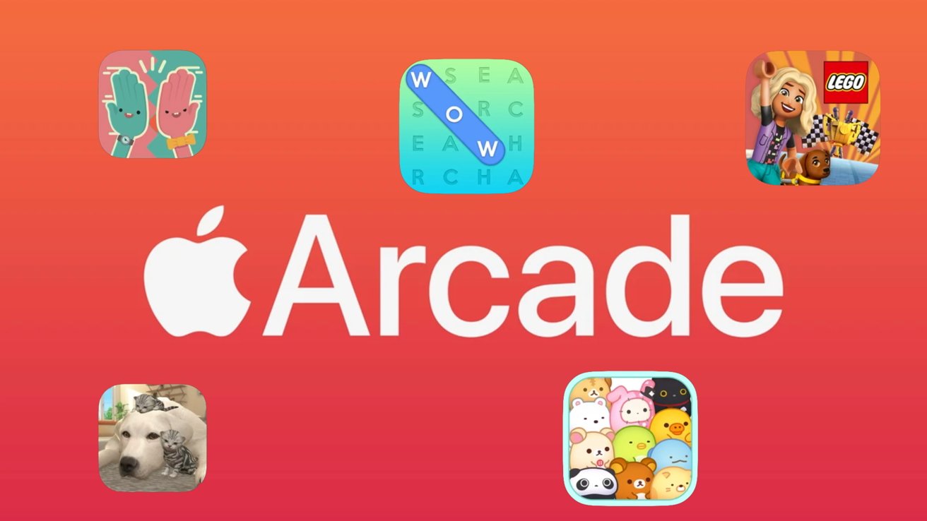 Apple Arcade logo on a red background, surrounded by colorful app icons featuring games, animals, and cartoon characters.