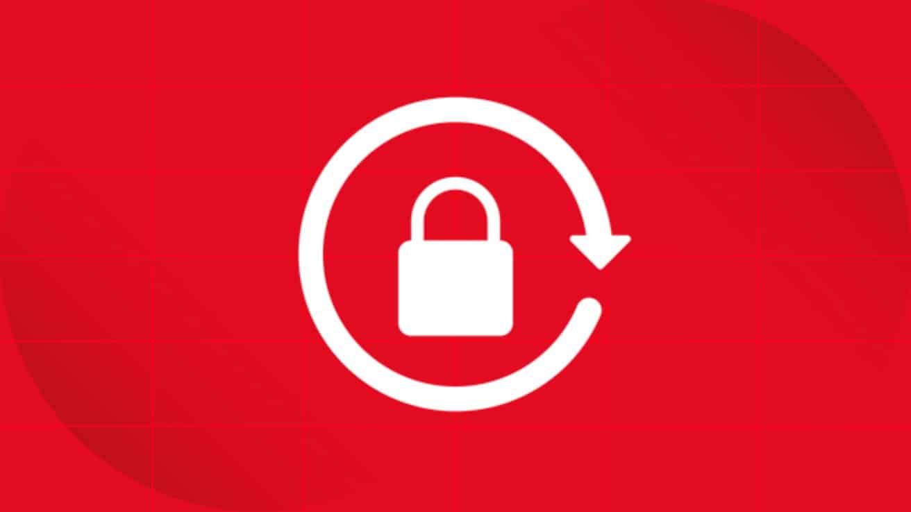 White padlock with circular arrow on a red background, suggesting security or update.