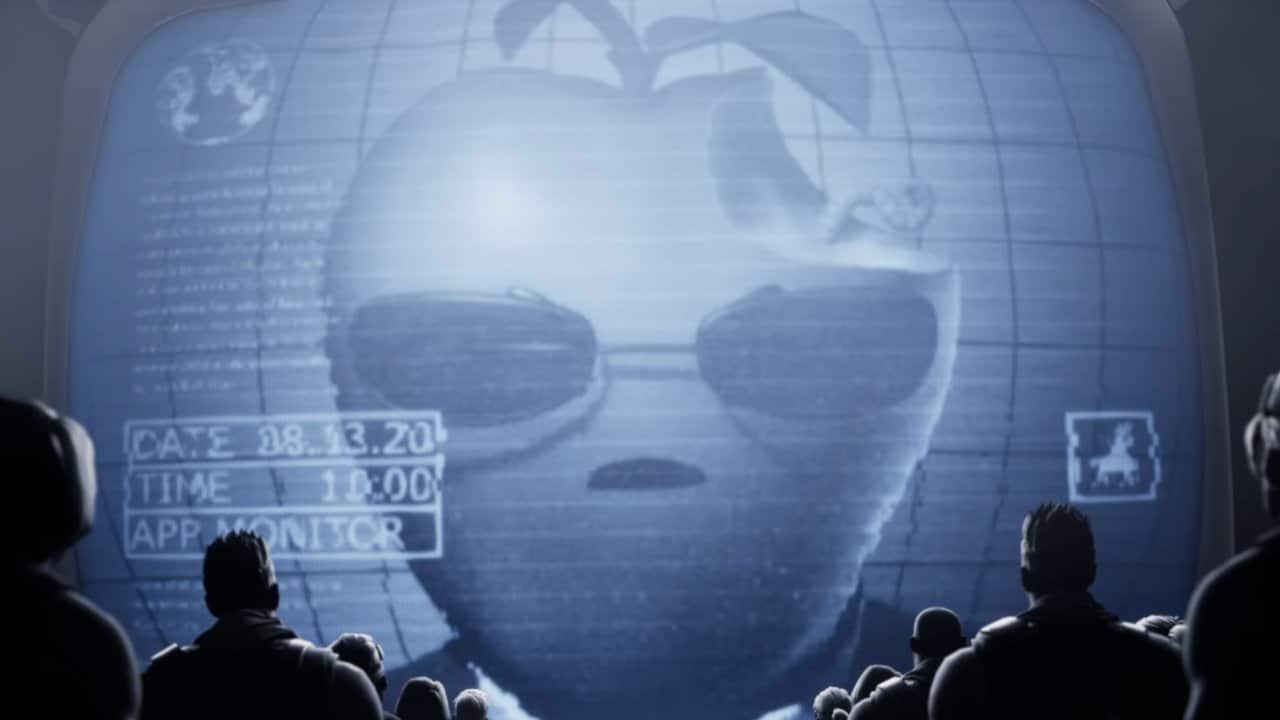 Black and white screen with a giant apple wearing sunglasses, worm emerging. Figures watch below. Date and time displayed: 08.13.20, 10:00.