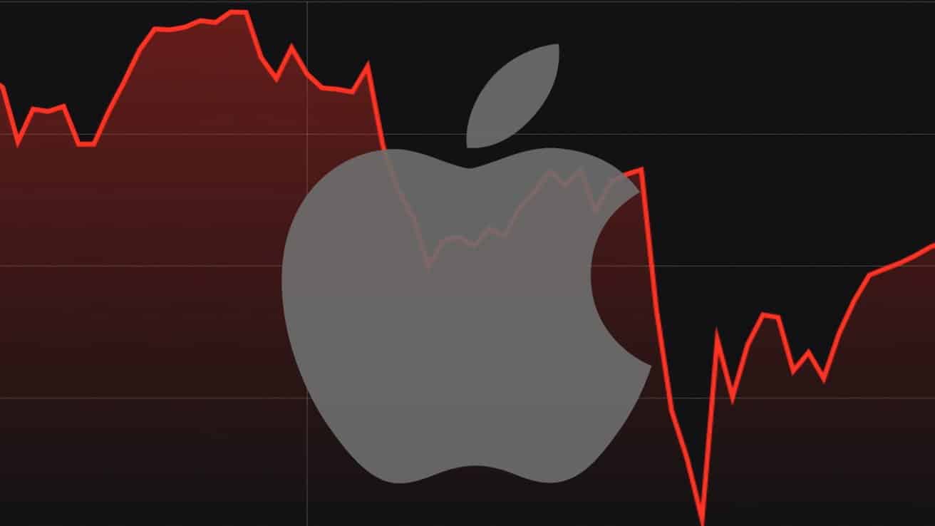 A red fluctuating line graph overlays a large grey apple logo on a dark background, indicating volatile market activity.