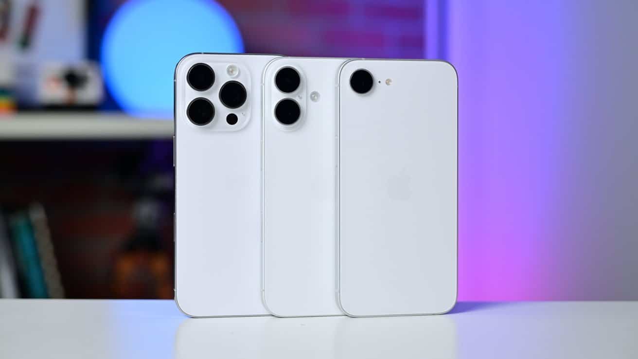 Three white smartphones with different camera layouts displayed on a surface, set against a blurred background with blue and purple lighting.