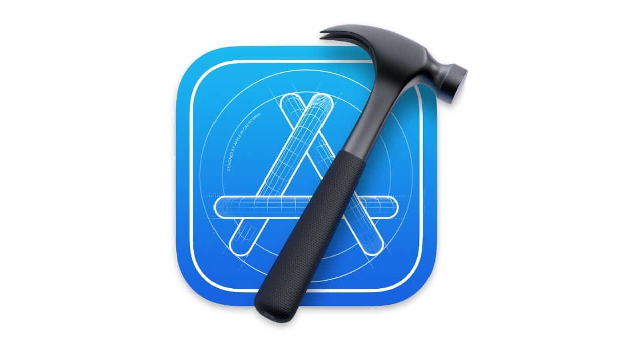 Xcode icon with a white wireframe pencil and ruler forming an 'A,' overlaid with a black hammer.