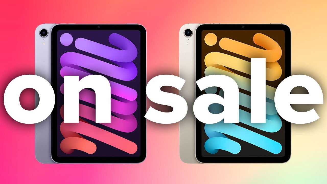 Apple iPad mini in Purple and Starlight with on sale bold text.