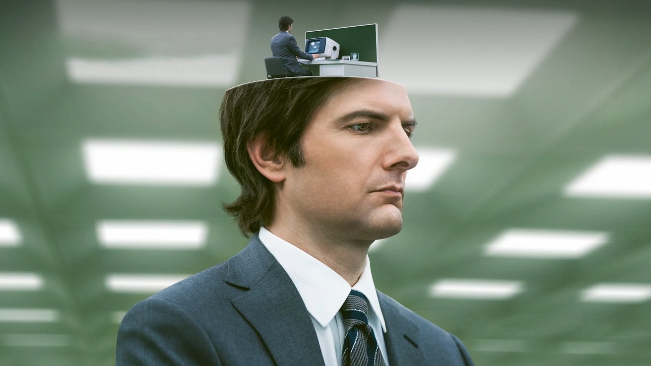 Man in suit with a cutaway of his head revealing a miniature office scene inside, featuring another man at a desk.