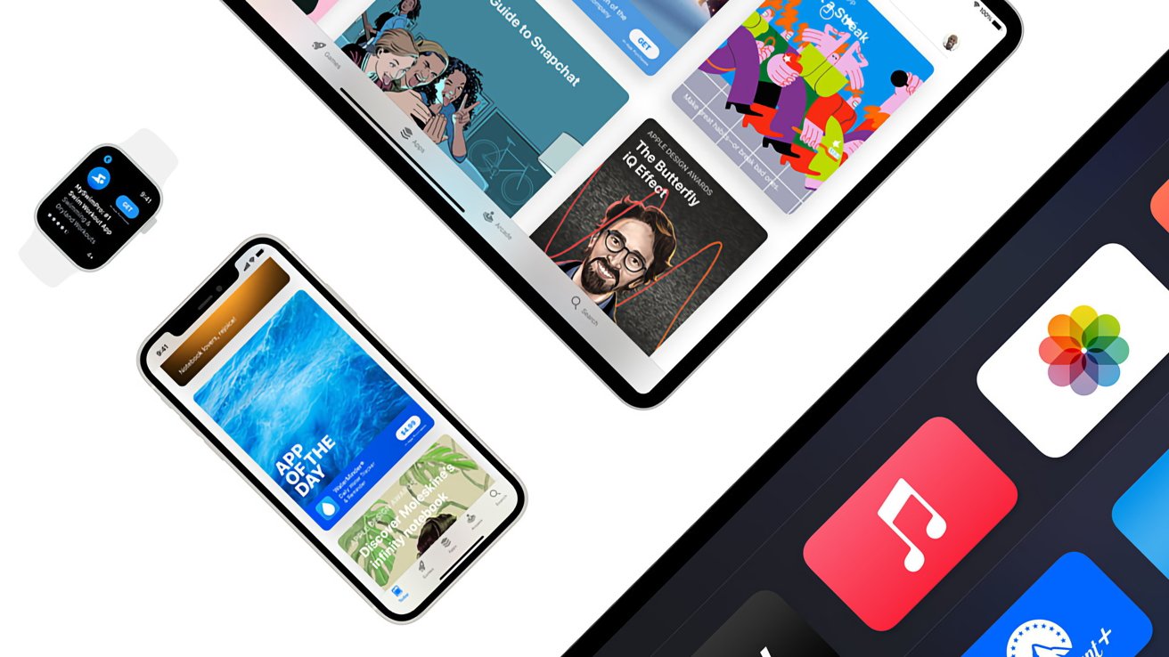 Apple Watch, iPhone, and iPad displaying various apps and colorful graphics on a white background.