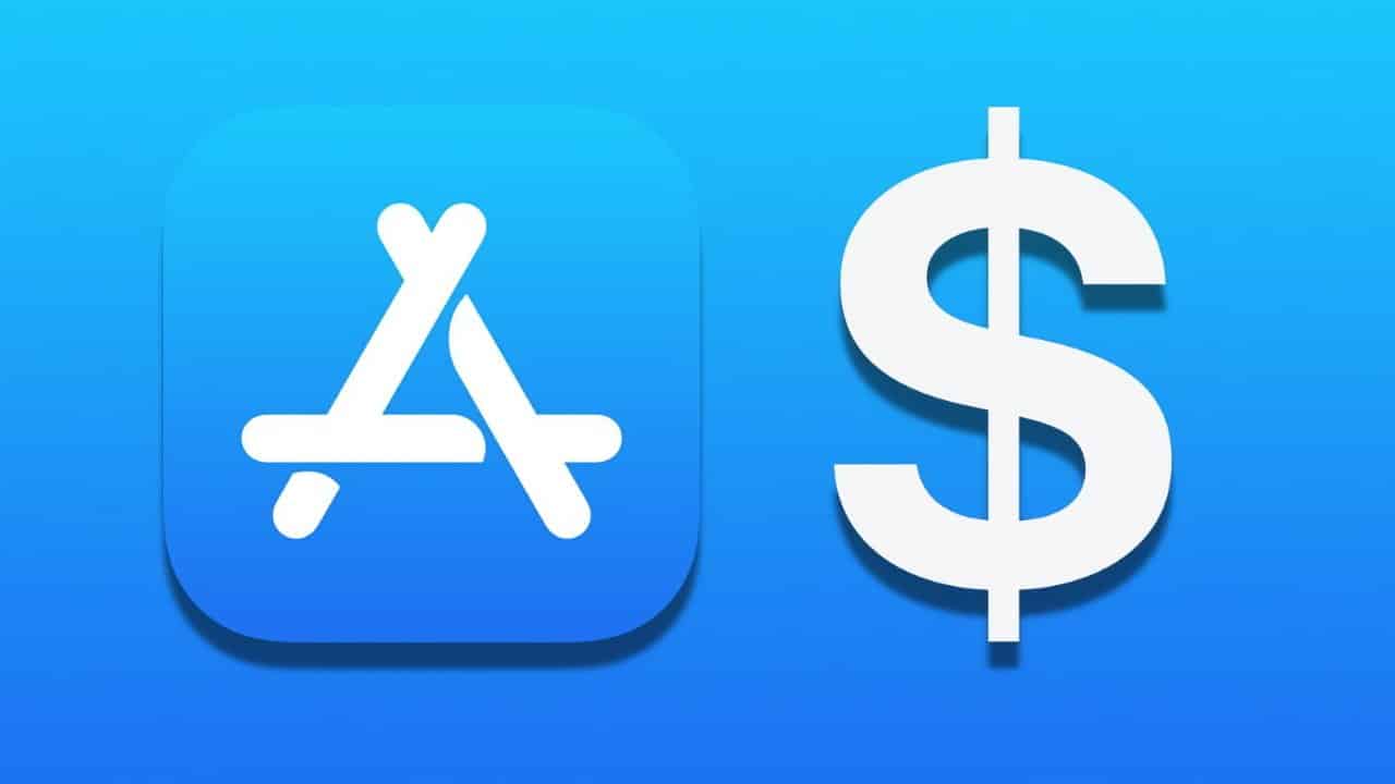 Blue background with a white app store icon on the left and a large dollar sign on the right.