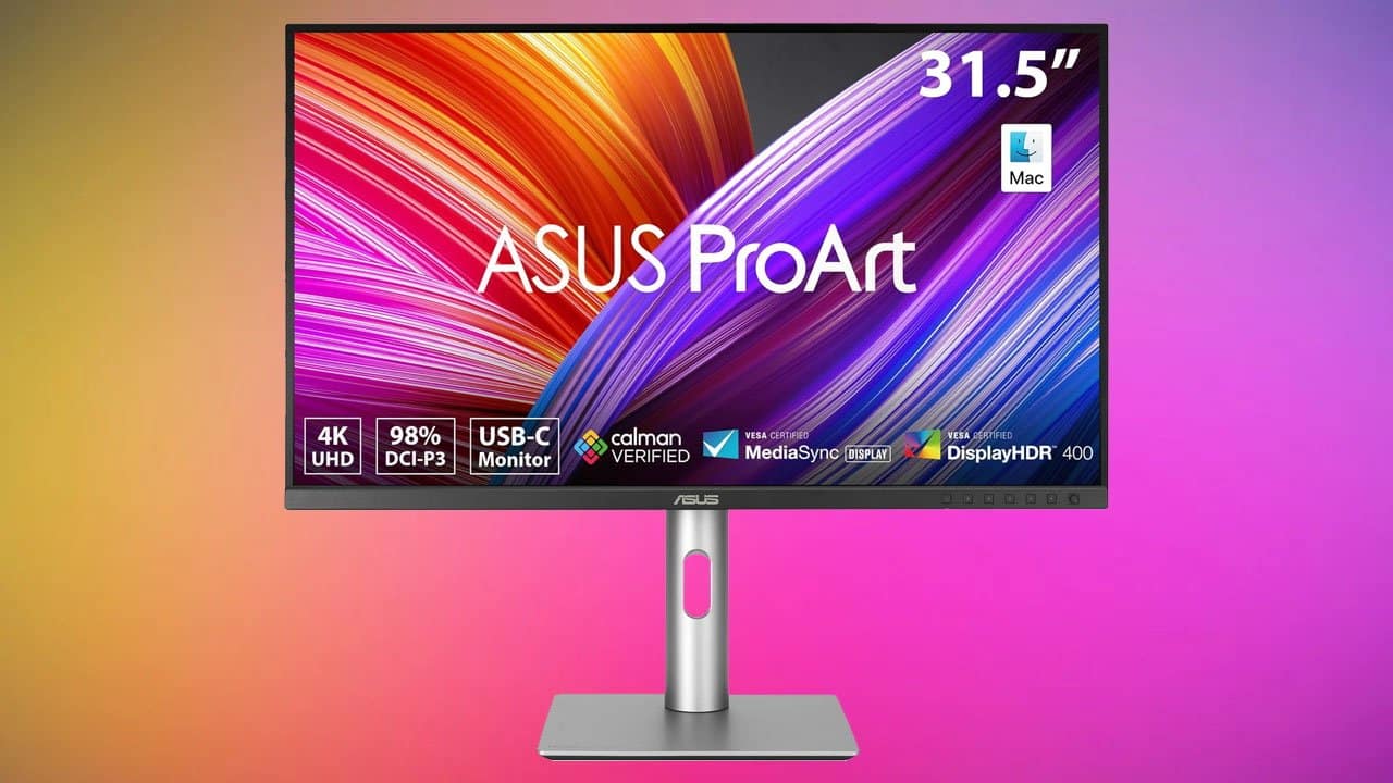 Asus ProArt 31.5-inch monitor with colorful display promotes 4K UHD, 98% DCI-P3, USB-C, and other features against a vibrant gradient background.