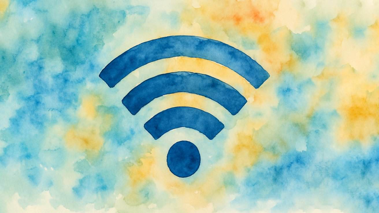 Blue watercolor Wi-Fi symbol on a colorful, abstract background with shades of yellow and blue.