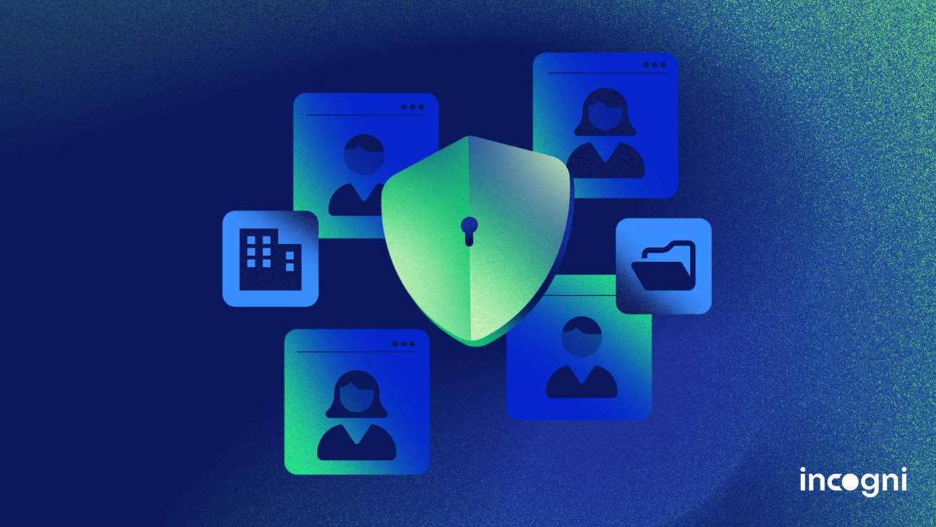Green shield with keyhole surrounded by blue profiles, building, and folder icons on a dark blue background.