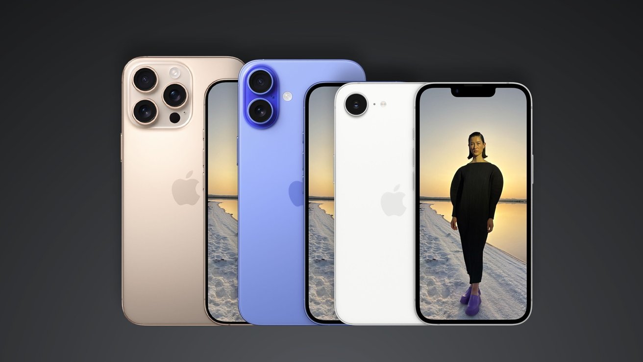 iPhone 16 family stand upright; gold, blue, and white models alongside each other. One screen displays a person in black clothing against a sunset background.