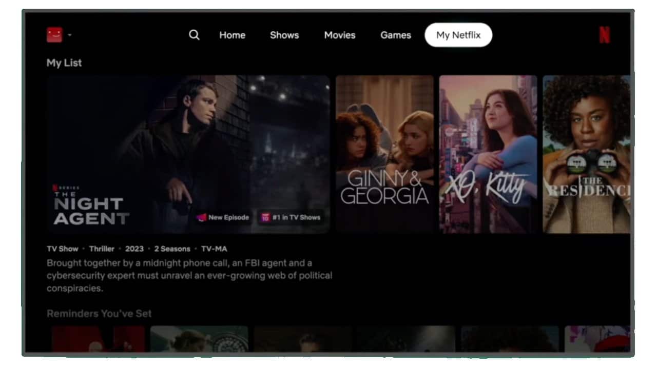 Netflix screen displaying series options including The Night Agent, Ginny & Georgia, XO Kitty, and The Residence, with a dark background and navigation menu at the top.