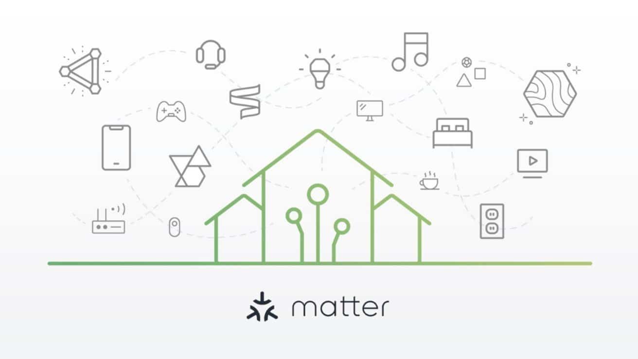 Green circuit-like house connects to various smart home icons, including lightbulb, music note, and game controller, with 'matter' logo below.