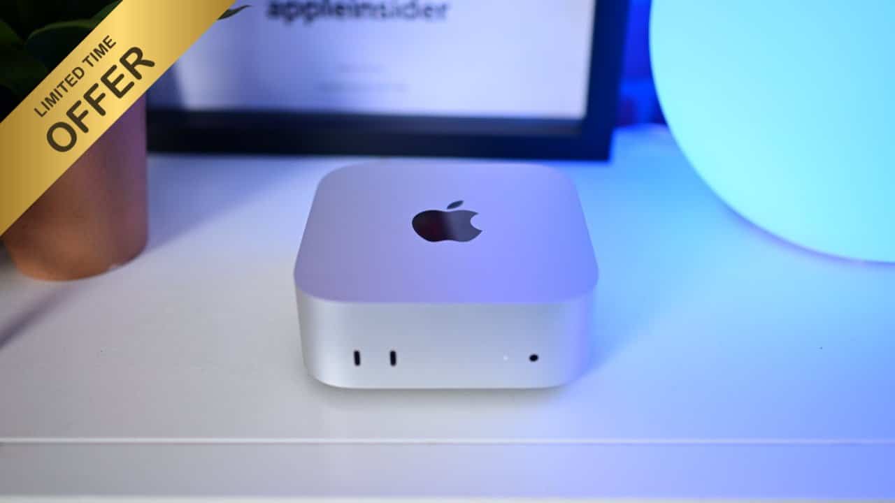 Compact Mac mini with an Apple logo on a white desk, accompanied by a potted plant and glowing blue light. Gold banner states limited time offer.