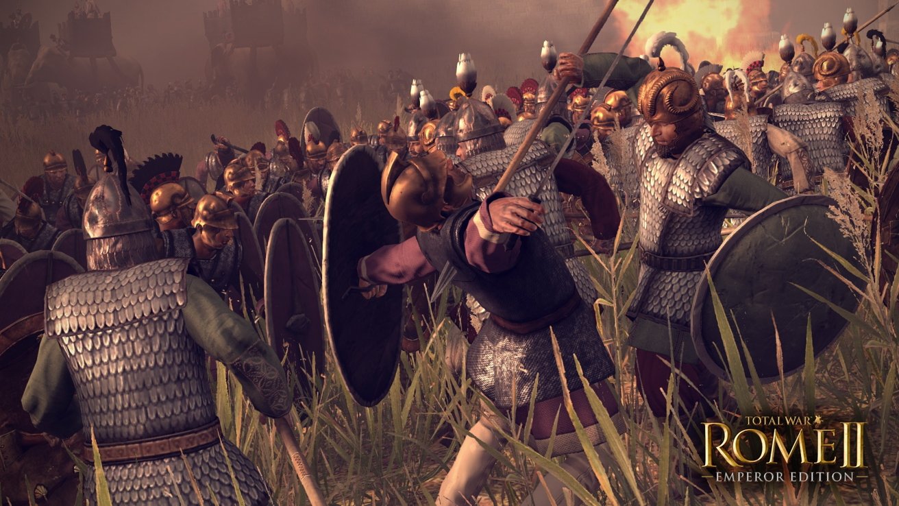 Ancient battle scene with armored soldiers, shields, and spears in tall grass; elephants and fortress visible in the background.