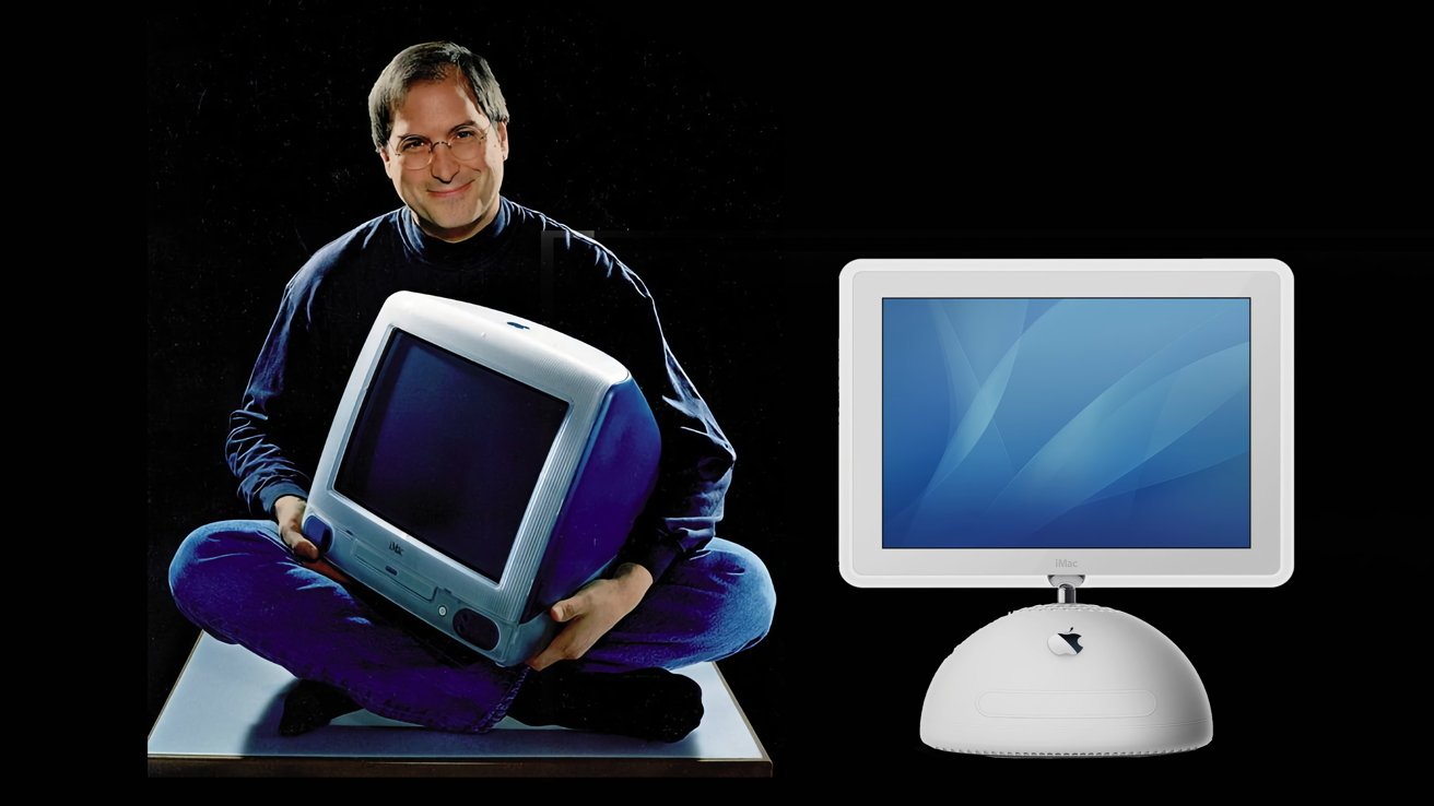 Seated person holding an older, colorful computer monitor on the left and a sleek, modern flat-screen computer on the right.