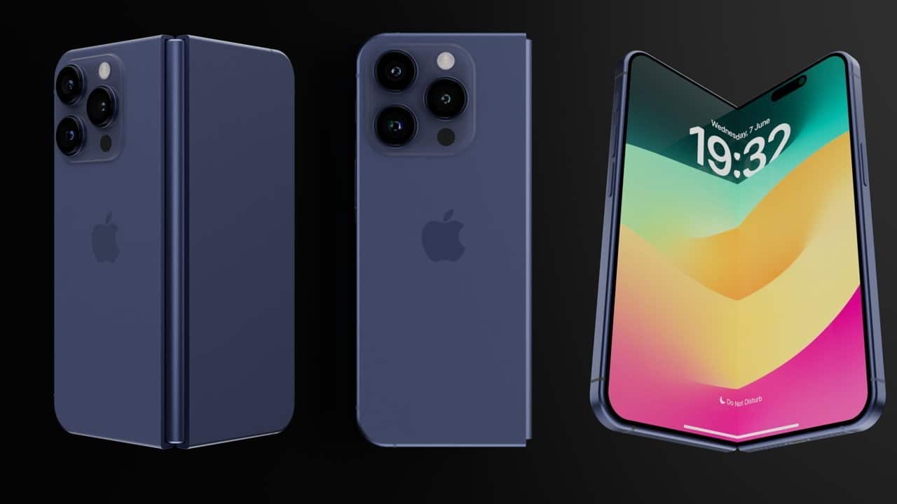 Three views of a blue foldable smartphone with three rear cameras, unfolded display showing a colorful screen with time, and Apple logo on the back.