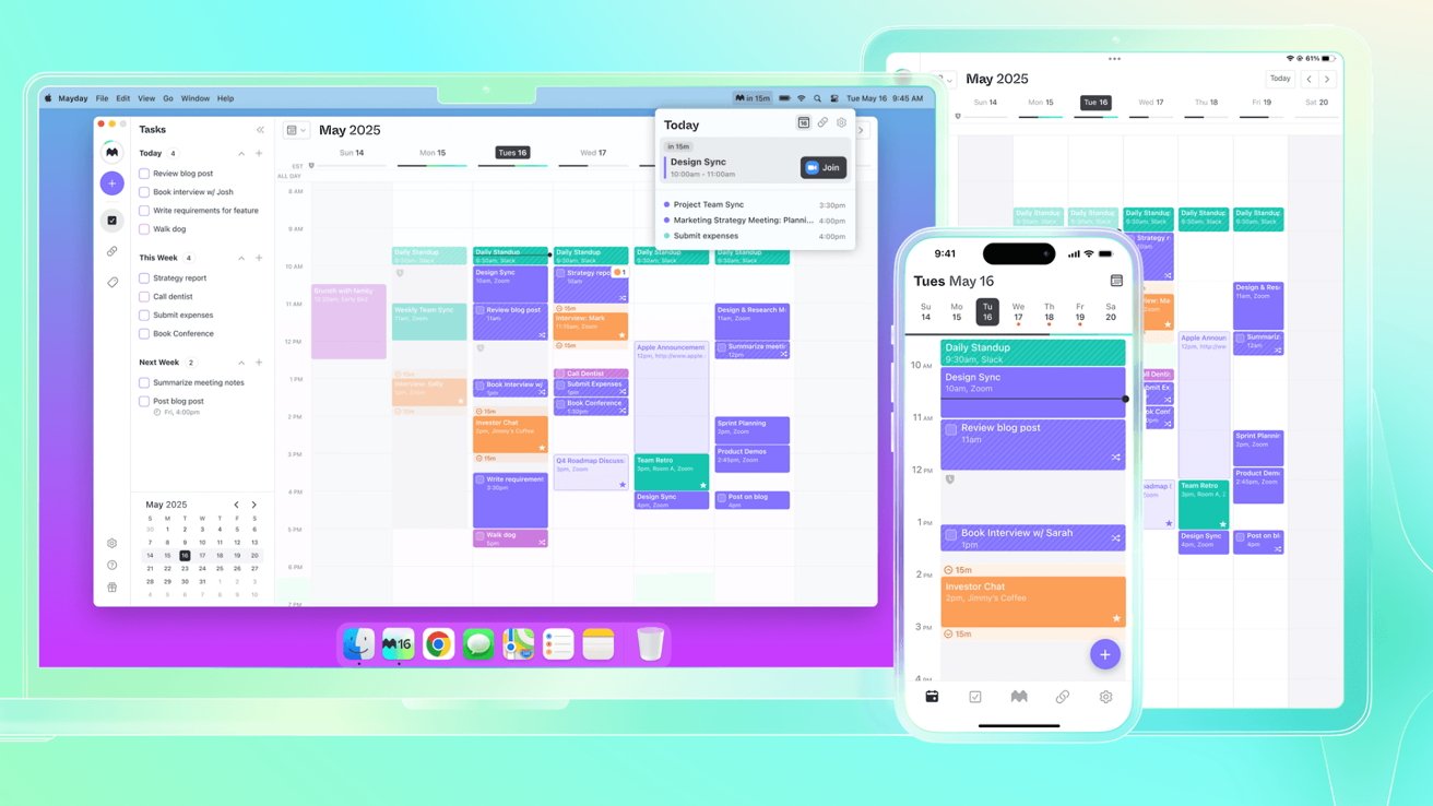 Digital calendar displayed on a computer, tablet, and smartphone, showing scheduled events with various colors on a light green and purple background.