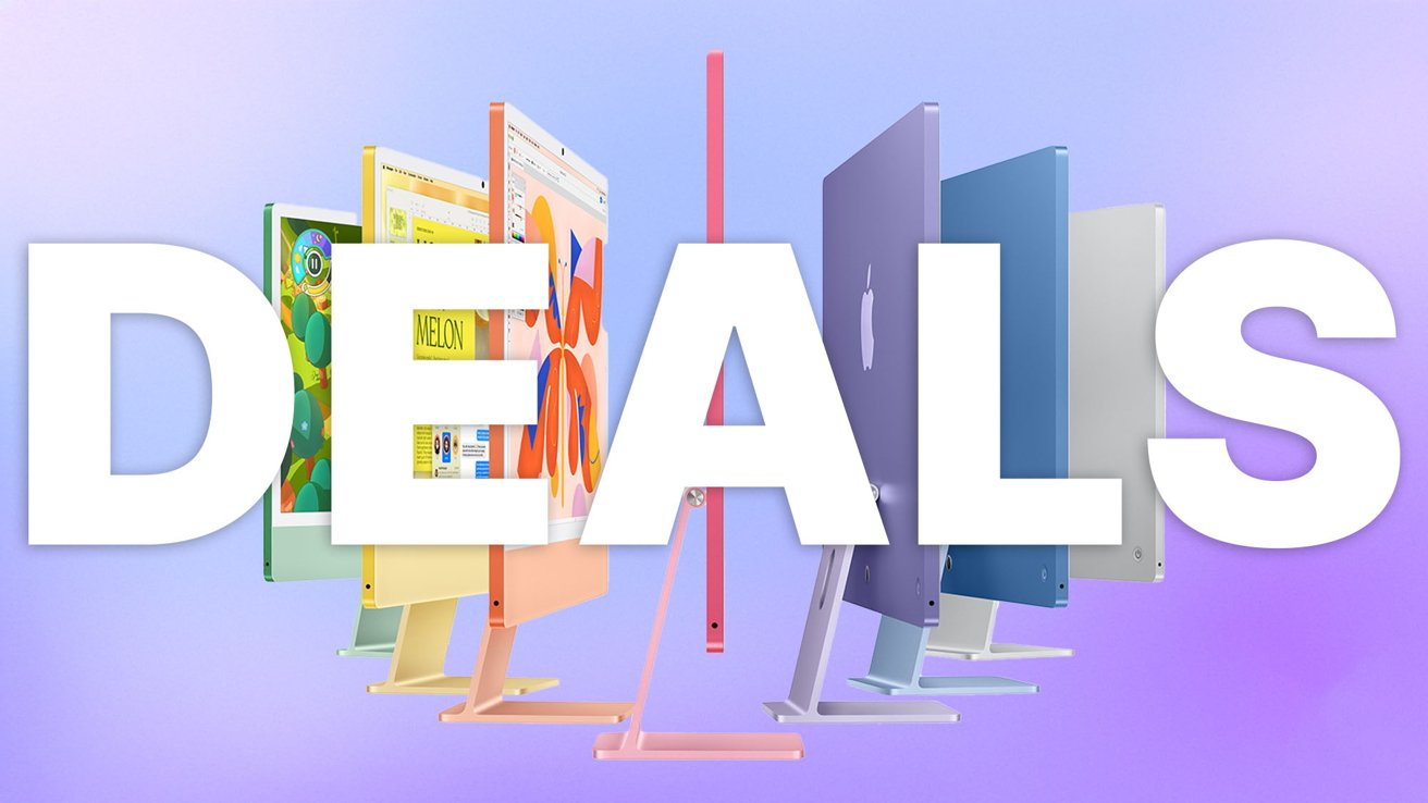 Colorful iMac computers displayed side by side, partially obscured by the bold word Deals.