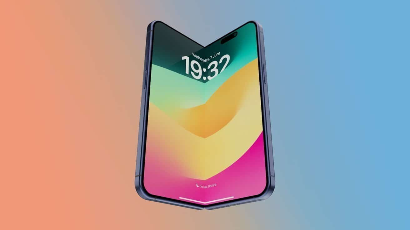Foldable smartphone displaying colorful gradient wallpaper and the time 19:32, with a two-toned background transitioning from orange to blue.