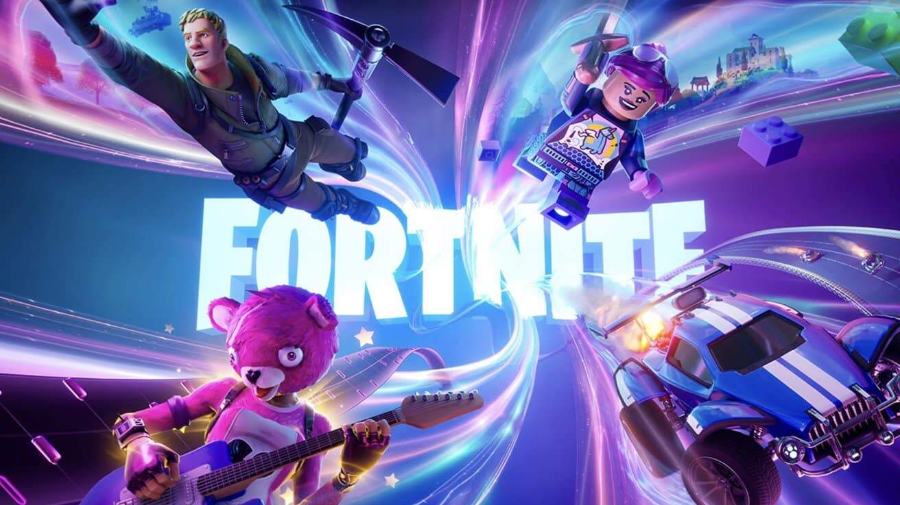 Four colorful Fortnite characters, including a person in a bear costume and a LEGO figure, surround the bold 'Fortnite' text with streaks of light and a speeding car.