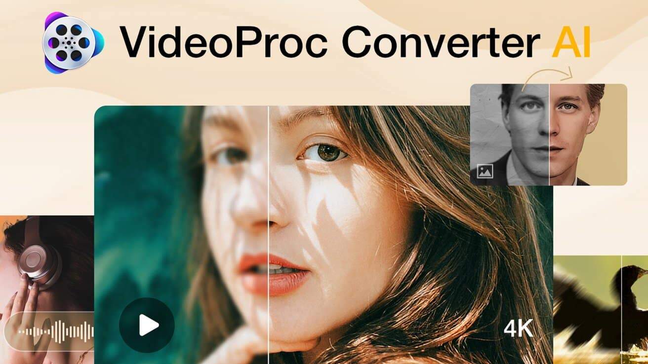Collage showing a woman's face, half clear, half blurred, a black-and-white to color conversion of a man's portrait, headphones, and a bird silhouette with the text 'VideoProc Converter AI'.