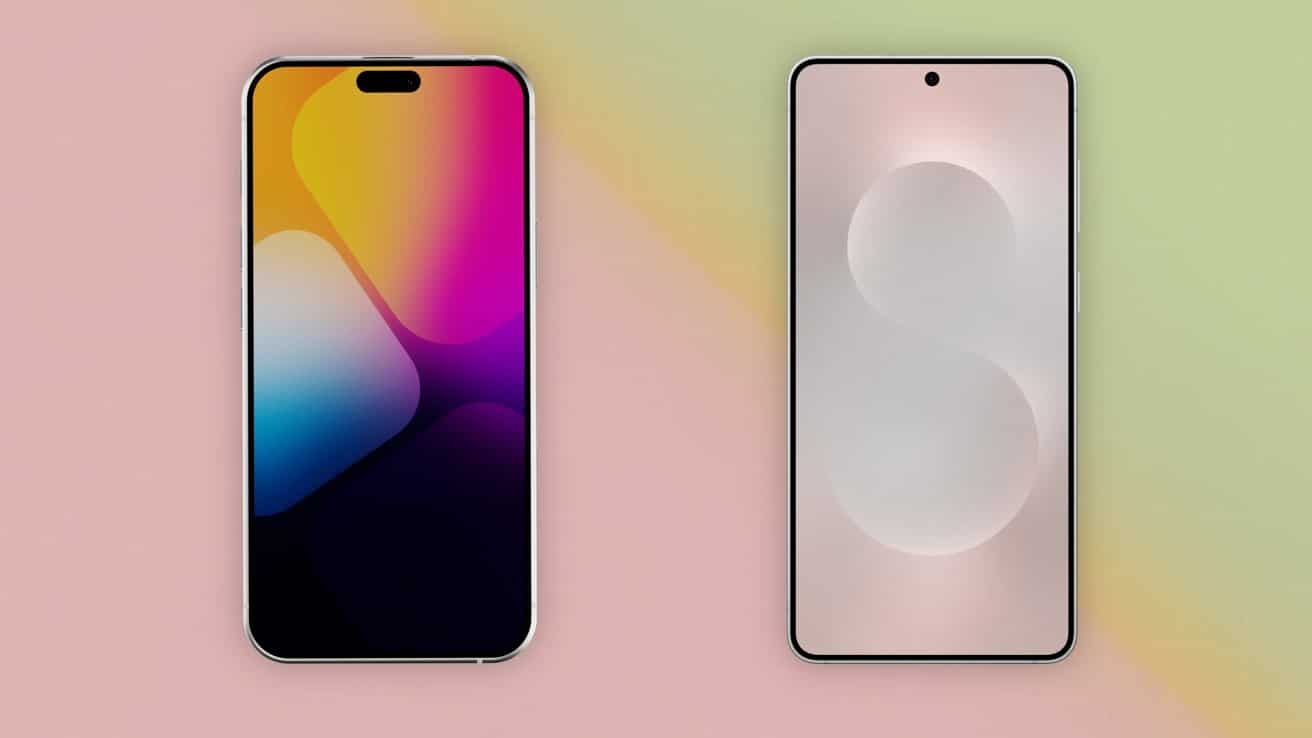 Two smartphones on a gradient background. The left phone displays a vibrant multicolored wallpaper, while the right phone has a minimalist design with subtle pastel tones.