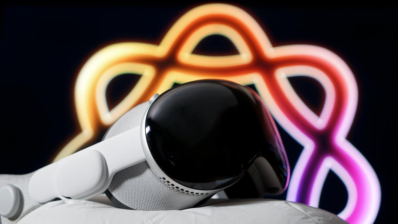 A sleek virtual reality headset resting on a pillow with a colorful, abstract neon pattern in the blurred background.