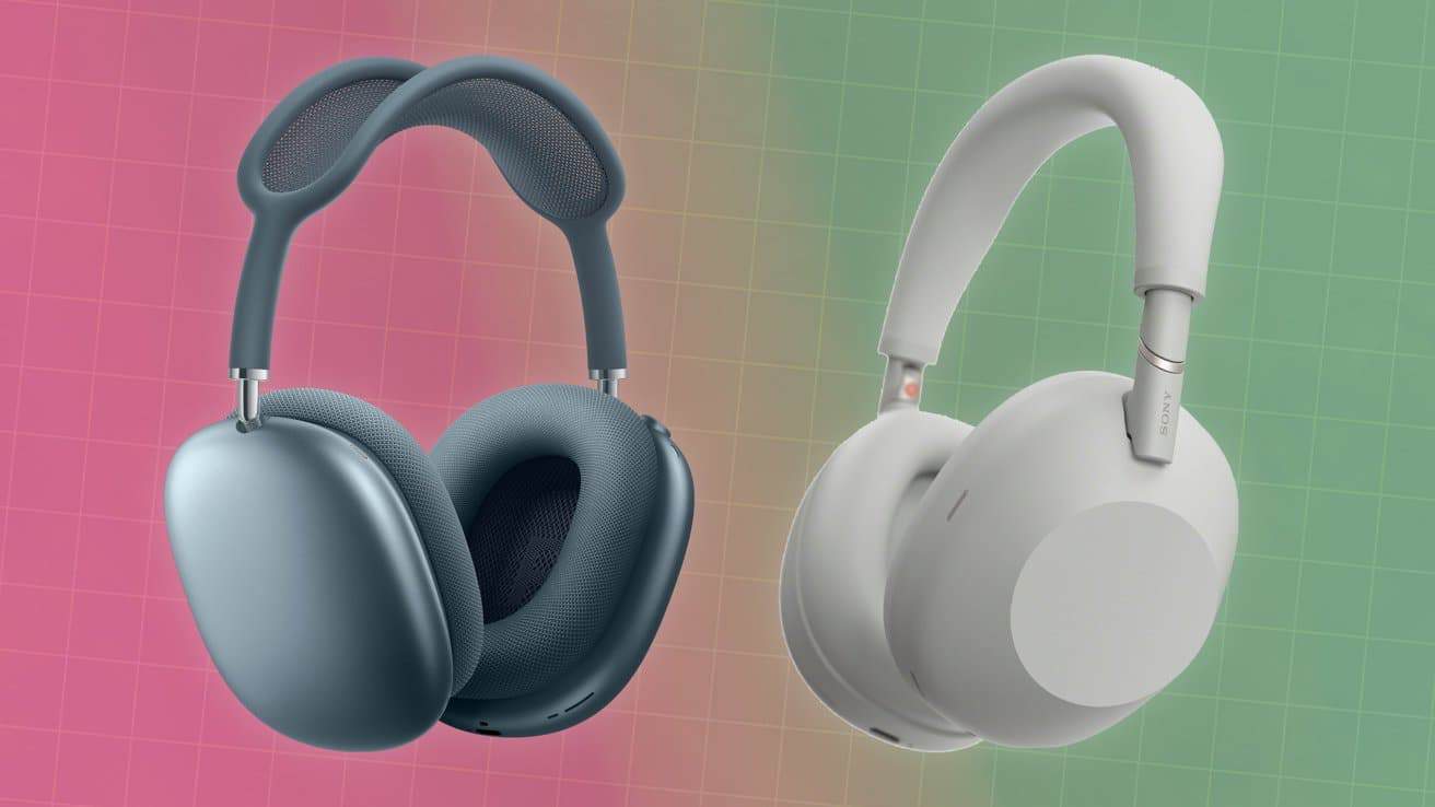 Two pairs of over-ear headphones, one dark gray and one light gray, placed against a gradient pink-to-green grid background.