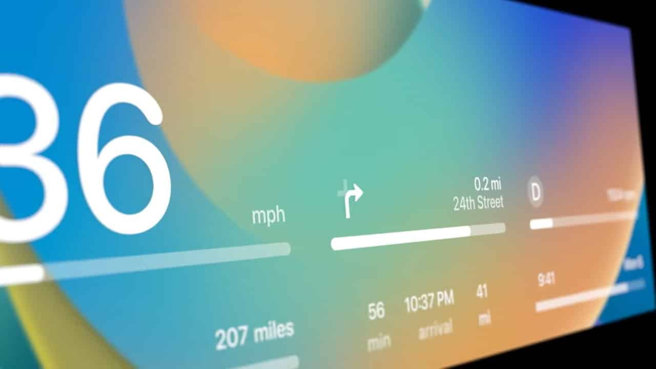 Abstract digital display with large 36 mph, turn arrow, 0.2 miles to 24th Street, arrival time, distance, and navigation information on colorful gradient background.