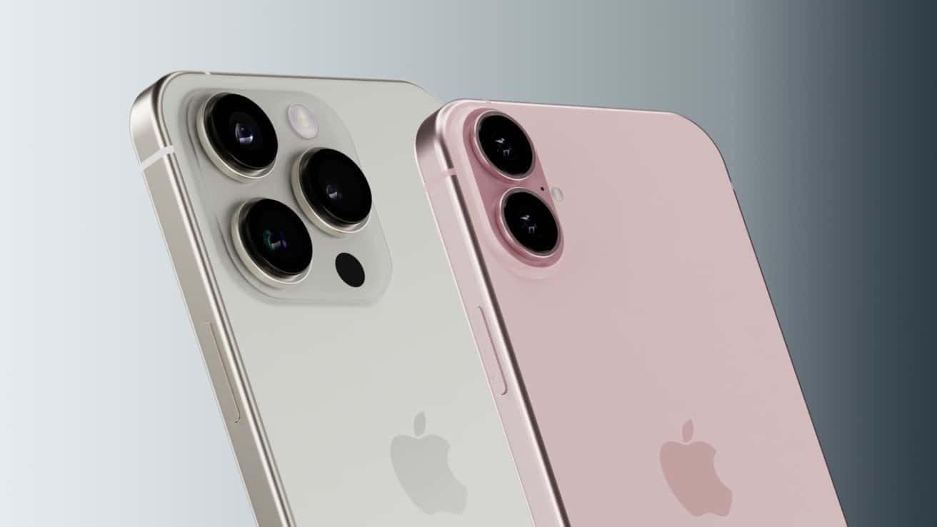 Two iPhones with multiple lenses on the back, one silver with three lenses and another pink with two lenses, displaying the Apple logo.