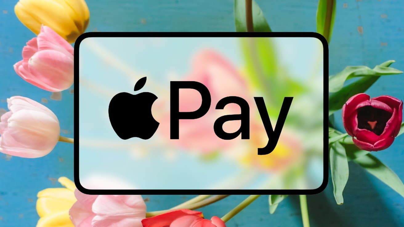 Apple Pay logo on a blurred background of colorful tulips, including red, pink, and yellow flowers.