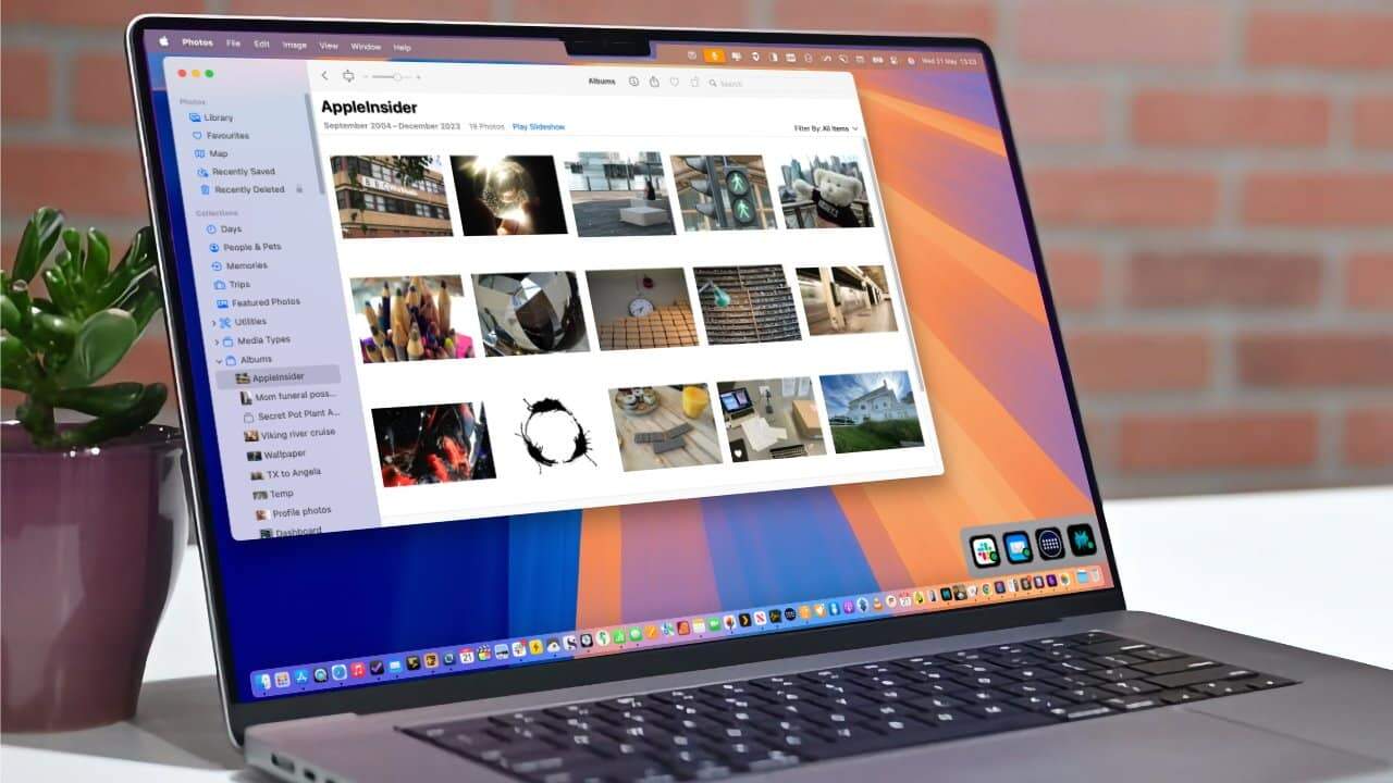 Laptop displaying a photo album on the screen with a colorful desktop background, keyboard visible, and a small potted plant beside it.