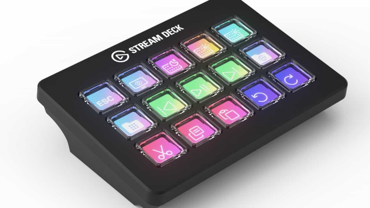 Device with 15 customizable, illuminated buttons displaying various colorful icons on a black rectangular panel, labeled 'Stream Deck.'