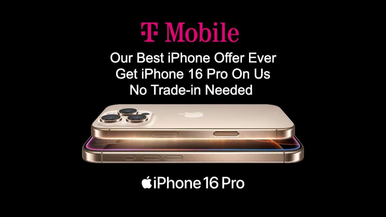 T-Mobile promotion for iPhone 16 Pro; mentions best offer ever, no trade-in needed, two stacked iPhones displayed with Apple's logo below.