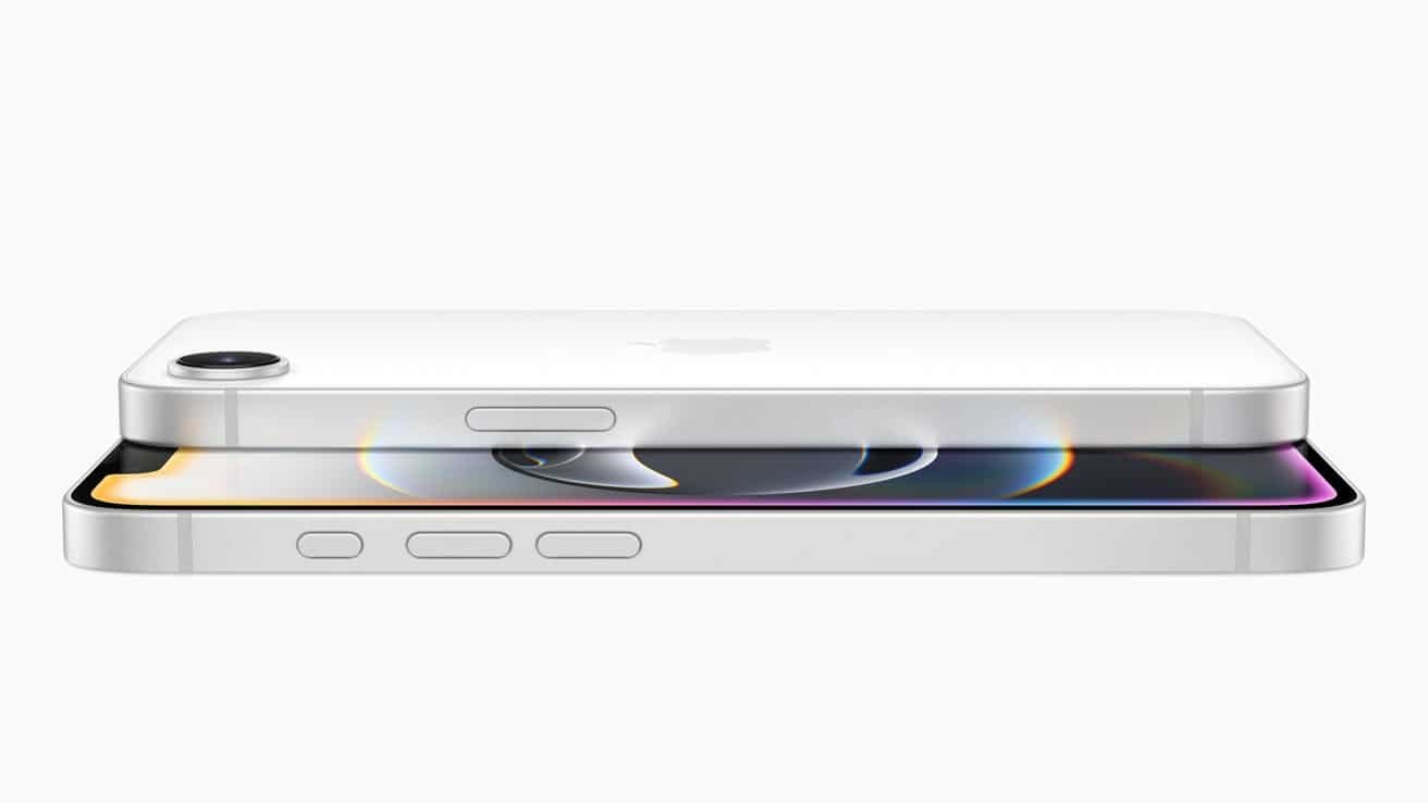A silver iPhone 16e, shown from the side, features a camera lens, buttons, and a colorful reflection on the screen.