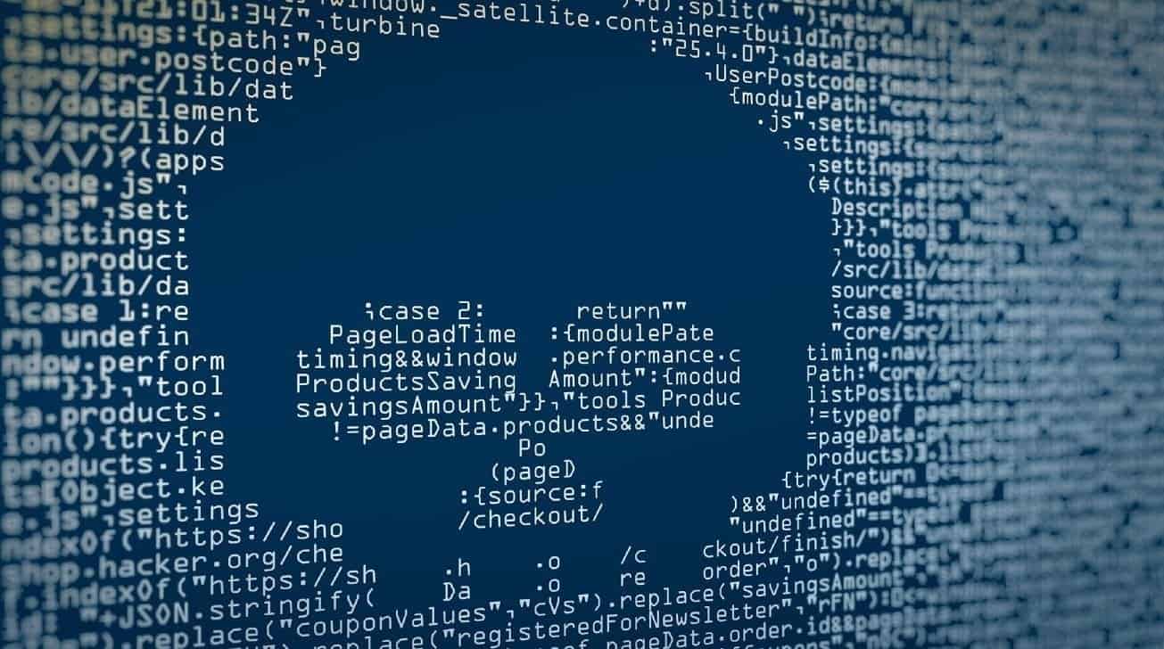 Blue background with white computer code forming the shape of a human skull in the center, symbolizing cybersecurity threats.