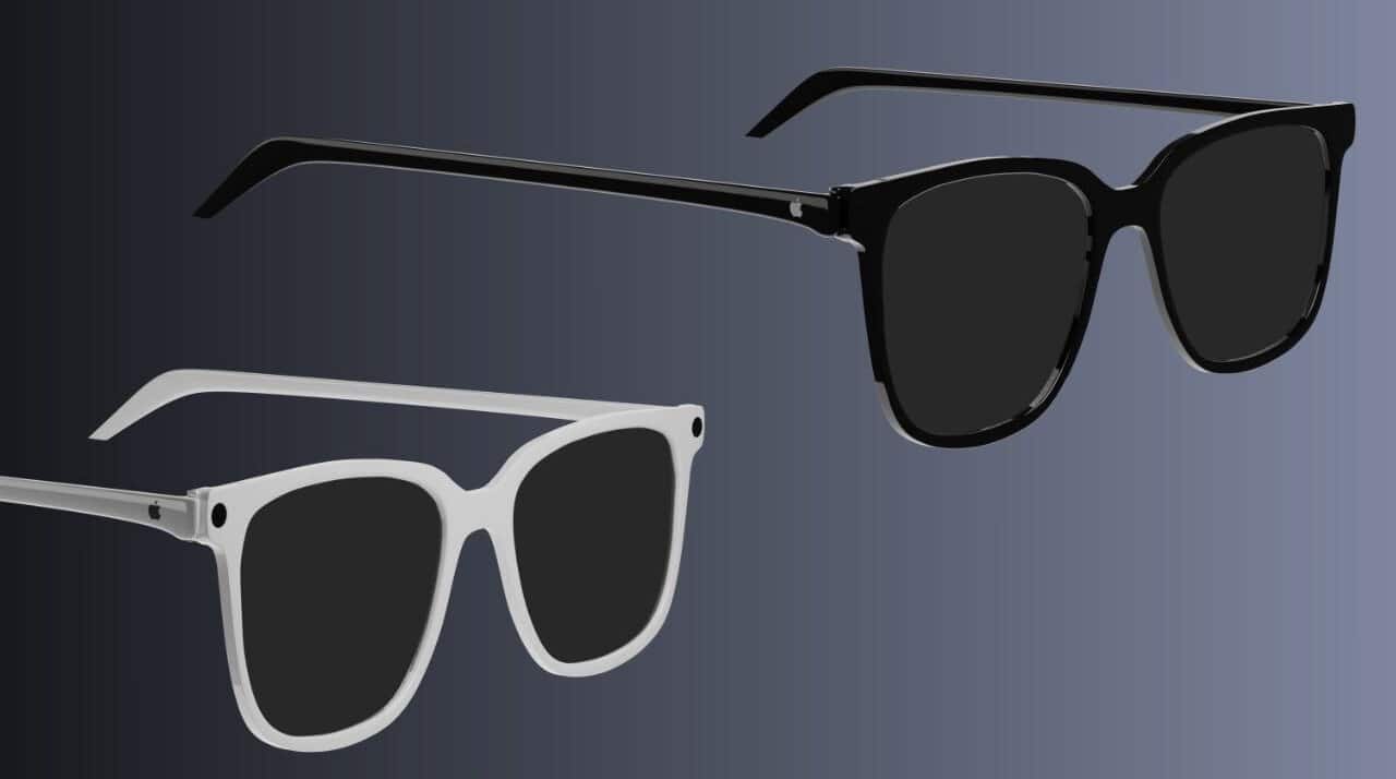 Two pairs of sunglasses with rectangular frames, one black and one white, on a dark, gradient background.