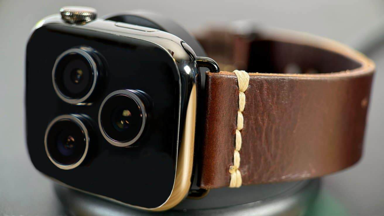 A close-up of a smart watch with three camera lenses and a leather strap with stitching.