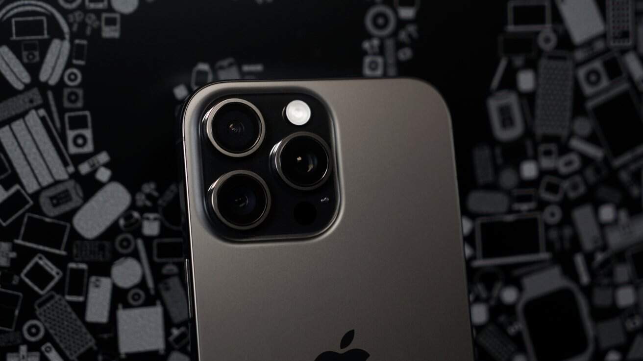 Smartphone with triple-camera system, metallic back, and apple logo against a dark background featuring abstract technology-themed illustrations.
