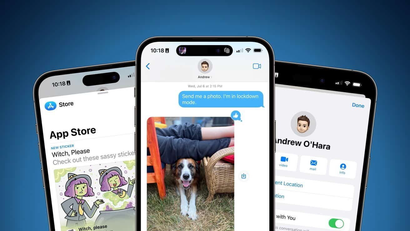 Three smartphone screens displaying app store, a conversation with a text about lockdown mode, and a contact profile with icons. A photo of a dog under a chair is shown.