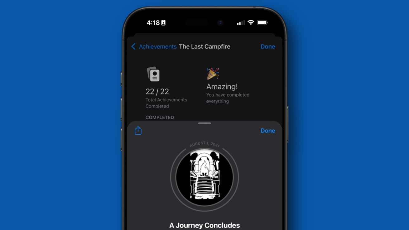 Smartphone screen showing 22 of 22 achievements completed in a game, congratulatory message with party emoji, and circular emblem with staircase illustration.