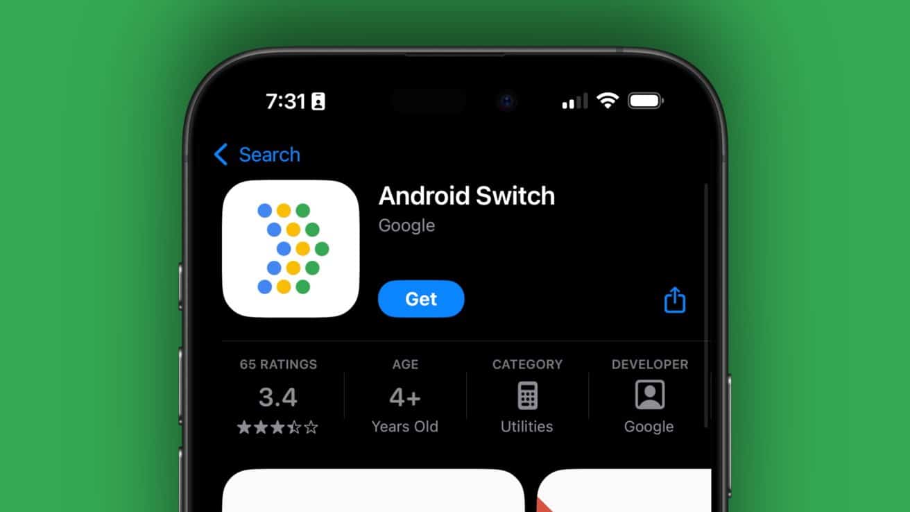 Smartphone showing app details for Android Switch by Google with a 3.4-star rating, age 4+, and category utilities on a green background.