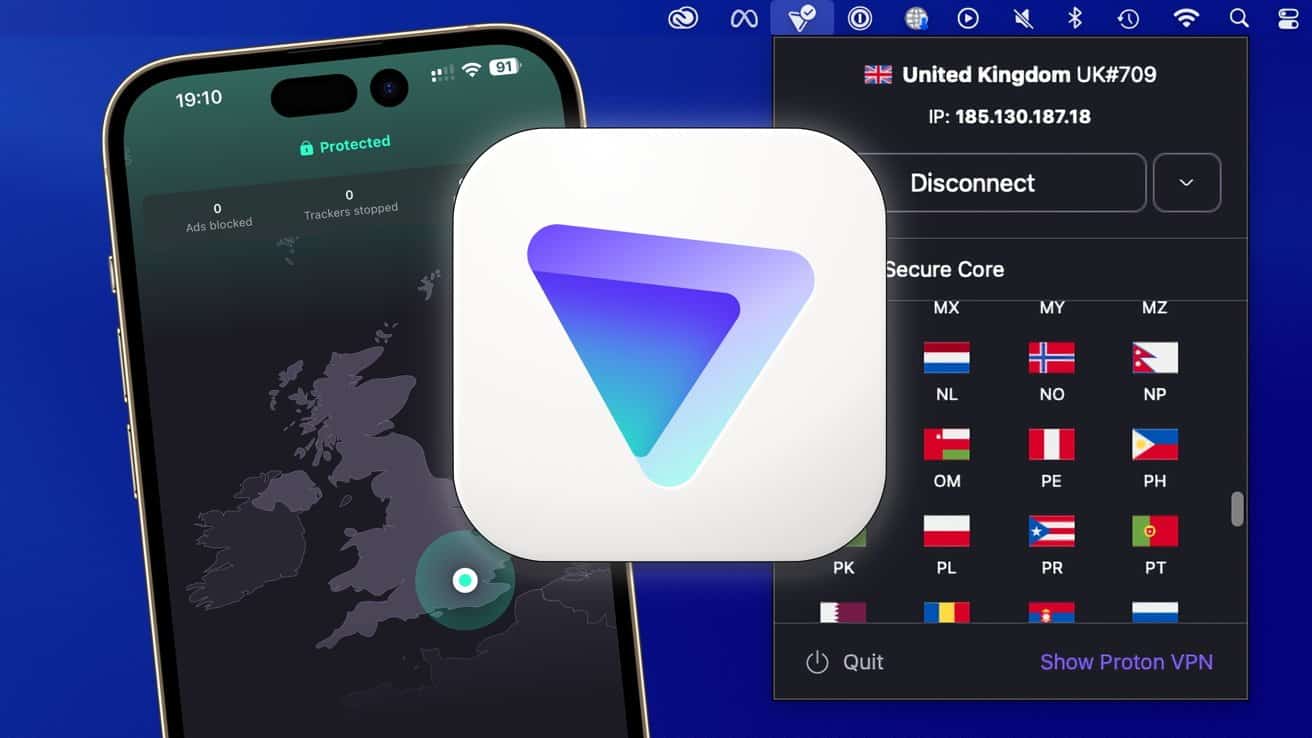 Smartphone and laptop screens showing a VPN app interface with a map, connection status, country list, and a triangular logo in the center on a blue background.