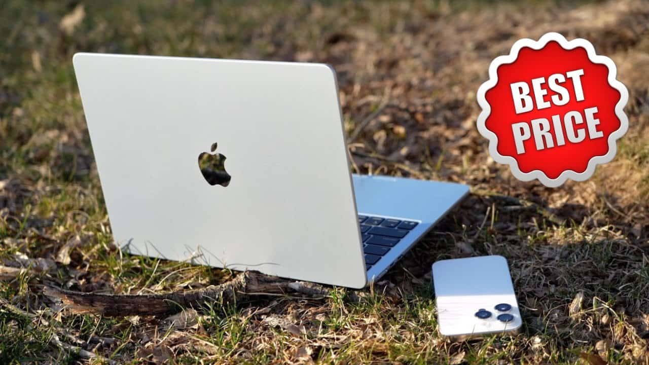 MacBook Air laptop and iPhone placed on grass, with a red badge displaying the words 'Best Price' in white text.