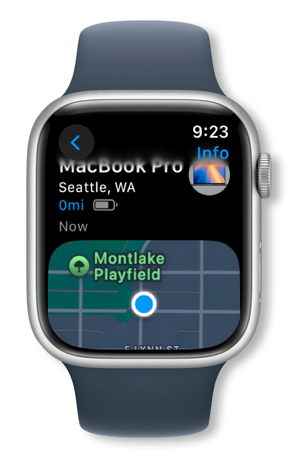 Apple Watch showing Find My Devices tracking for a MacBook Pro